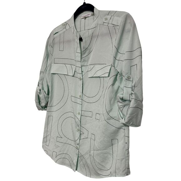 CALVIN KLEIN Printed Logo Long Sleeve Button Down Blouse Mint Green Black NWT XS - Picture 2 of 6